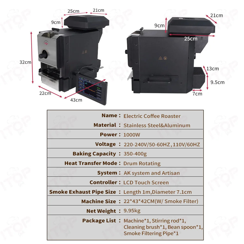 ITOP black stainless steel electric coffee roaster with 400g capacity, LCD touch screen, and drum roasting system.