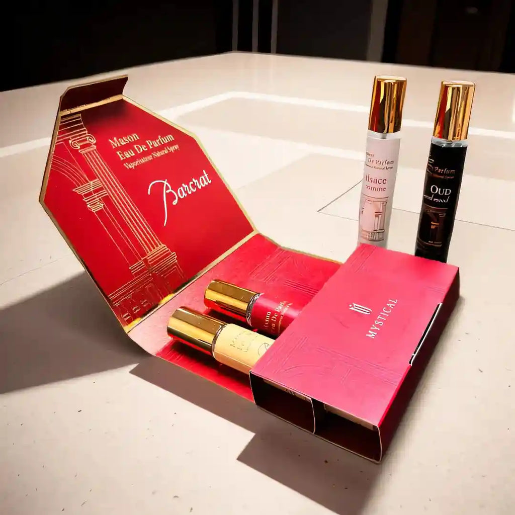 MYSTICAL Barcrat EDP gift set, unisex travel perfume, slim gold-cap bottles, lasting fresh and oud fragrance.