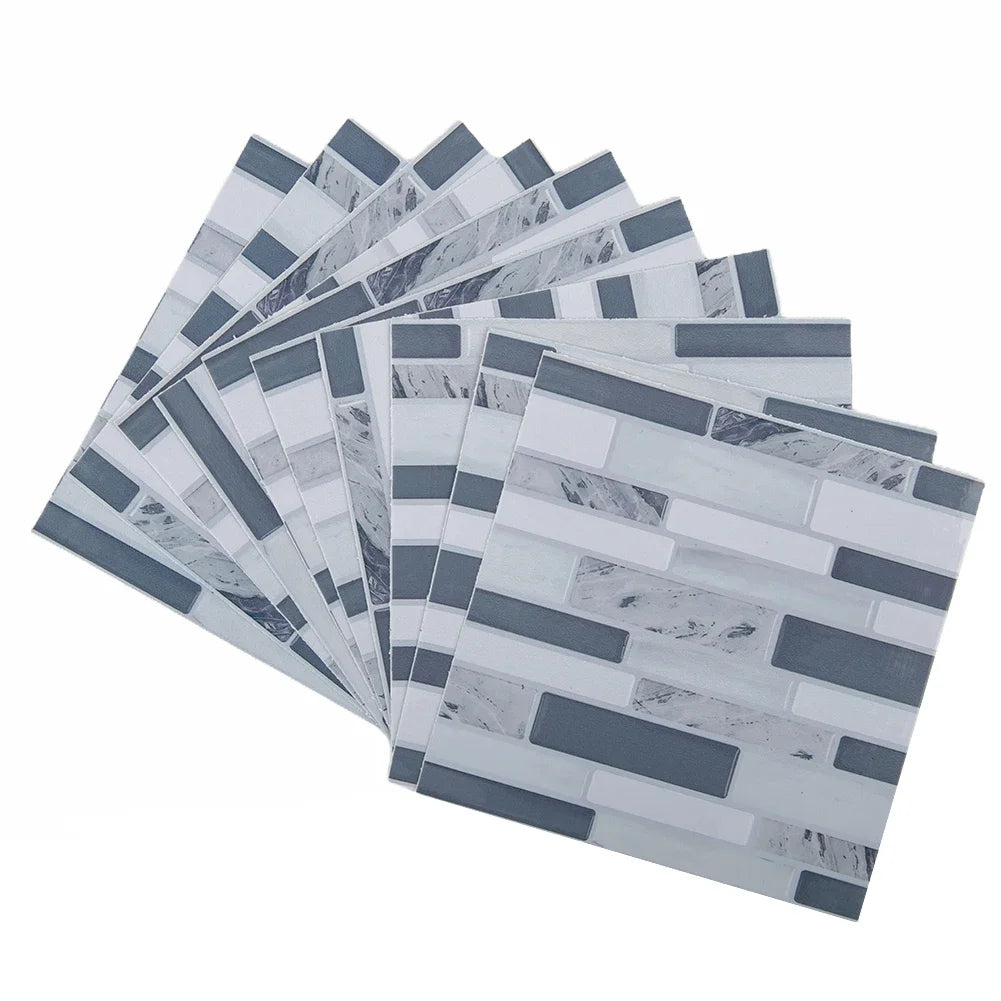 Self-adhesive 3D mosaic tile sticker sheets, white marble look with dark gray accents