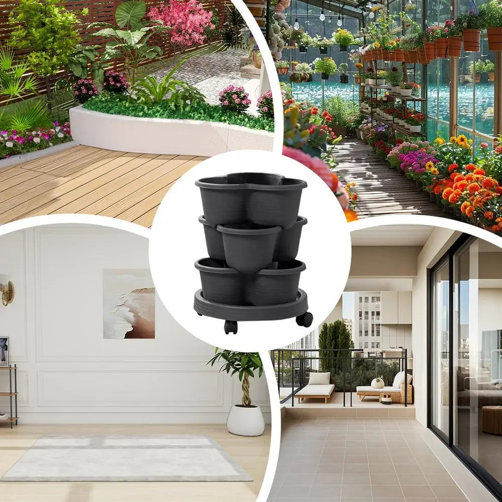 3-tier stackable planter tower with three dark pots and rolling base wheels