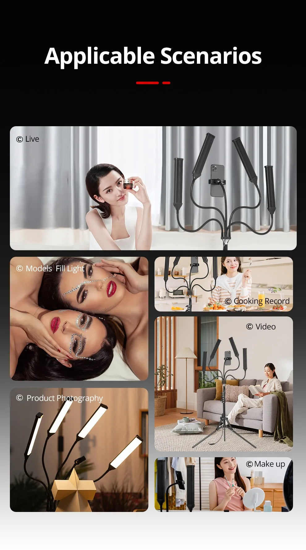 Black four-armed LED floor lamp with flexible necks and a central phone mount for video recording, makeup, and lighting.