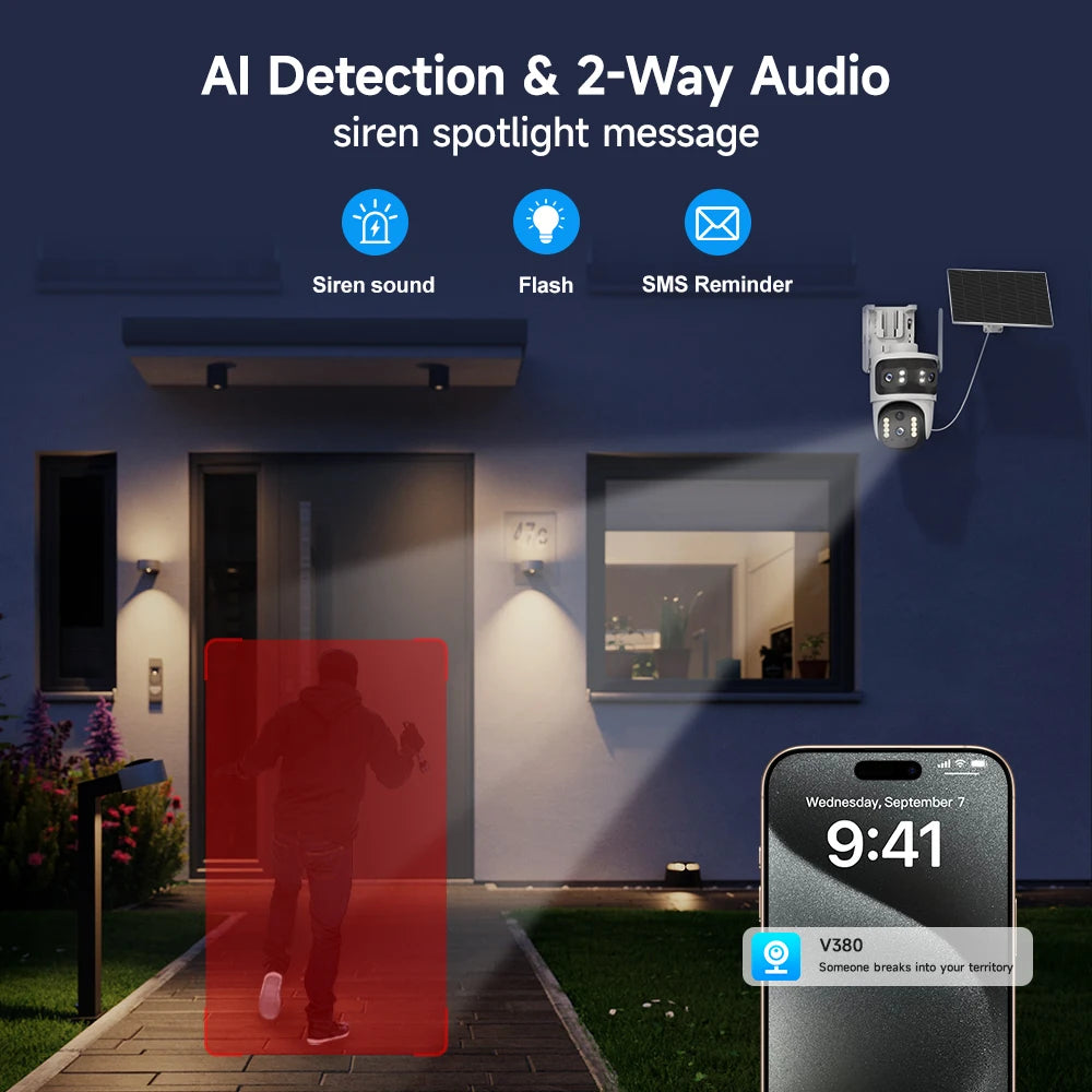 V380 Security Camera 3 Lens 12MP HD 4G Wireless Outdoor Automatic Tracking Humanoid PIR AI Detection 10000mAh PTZ Camera