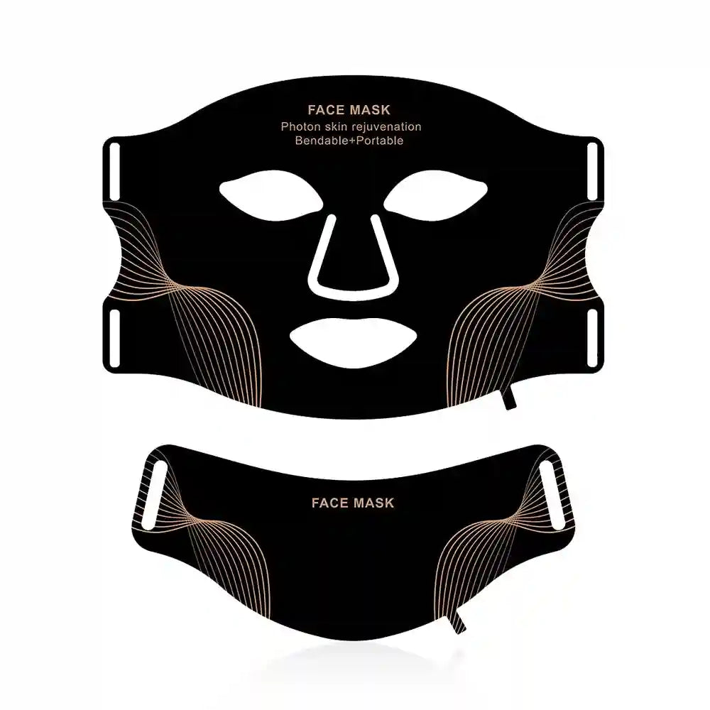 Black bendable LED photon skin rejuvenation face and neck mask set with gold line details and side strap slits.