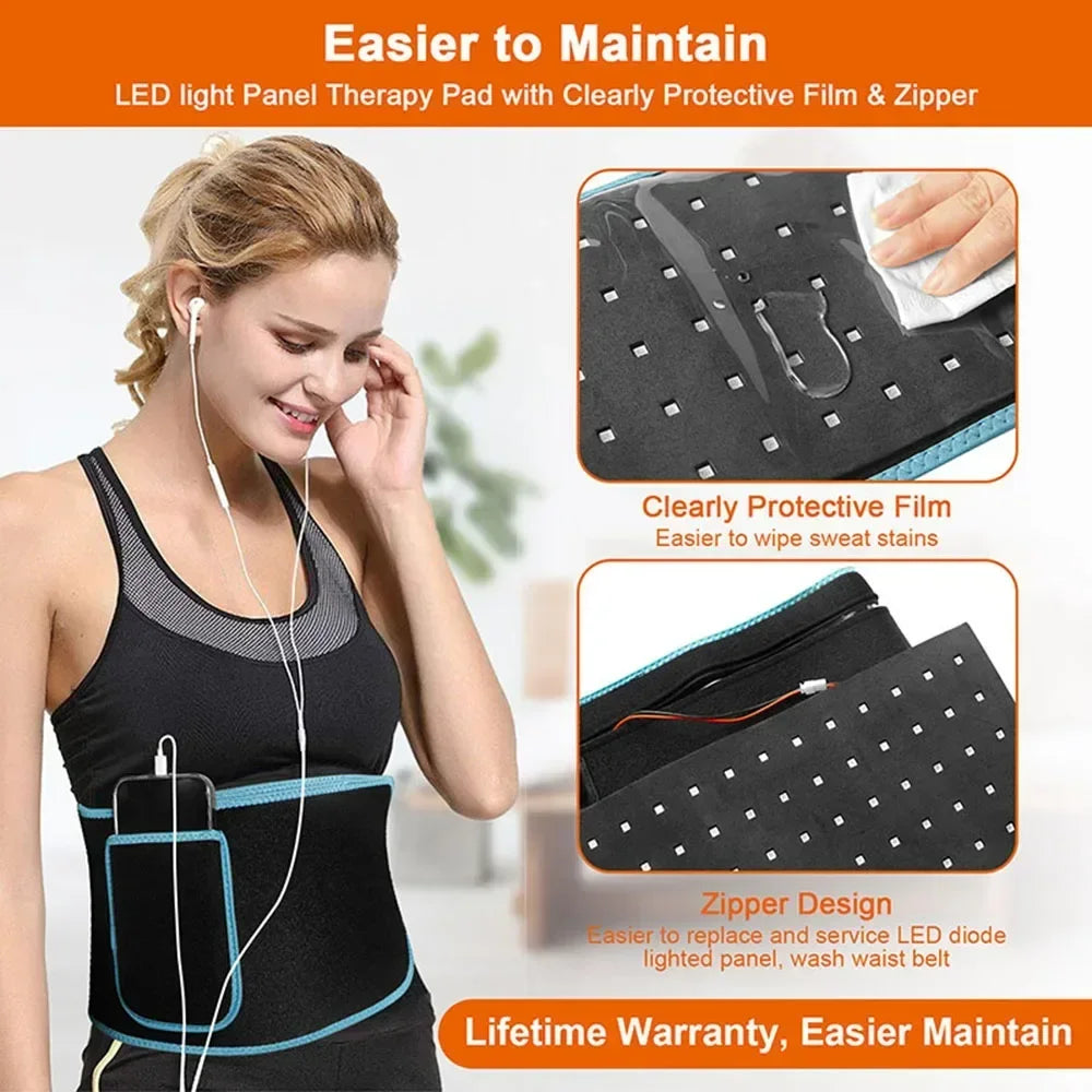 Red and infrared LED light therapy waist belt with protective film, easy-clean design, and zipper for pain relief.
