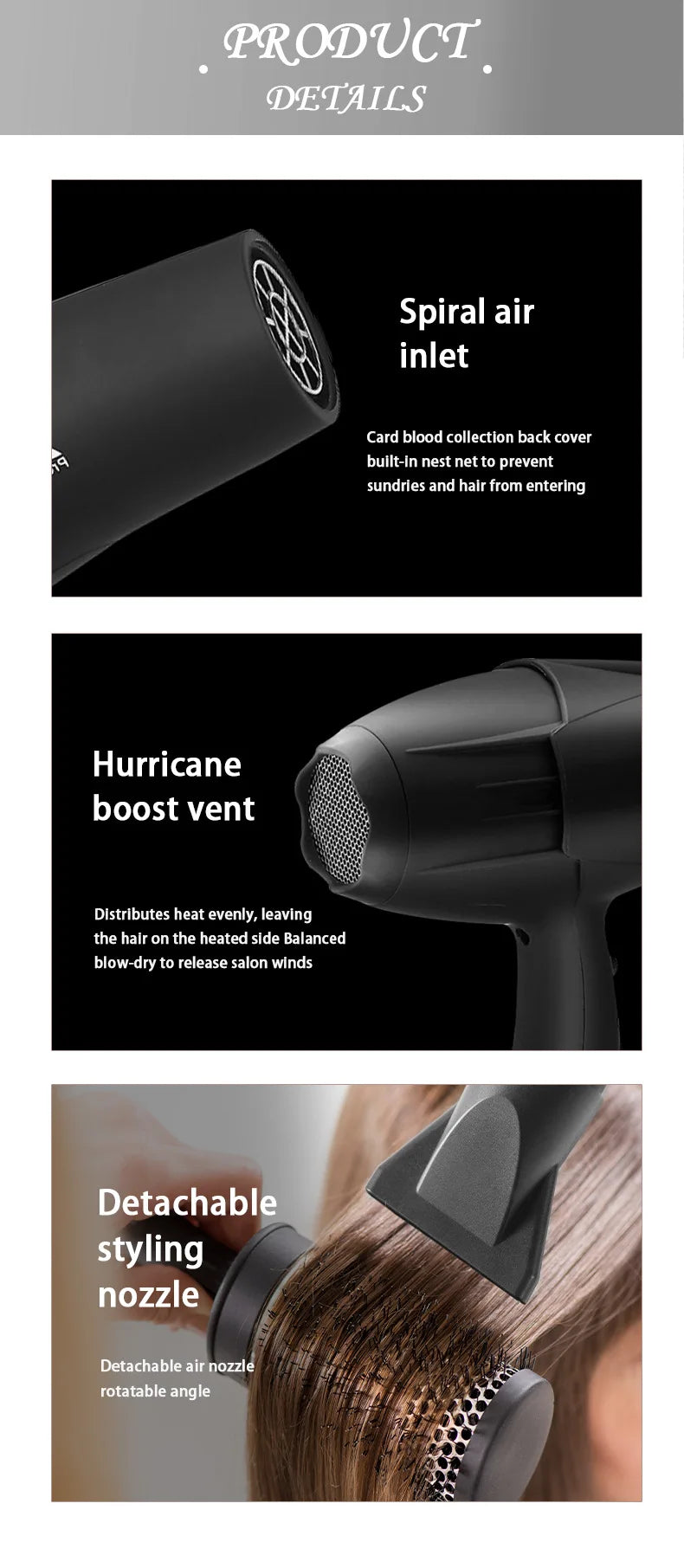 Matte black X6 professional 2400W hair dryer with spiral air inlet, hurricane vent, and detachable styling nozzle.