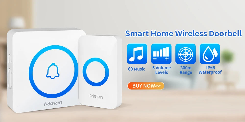Meian-Outdoor Wireless Doorbell, Smart Home Welcome Doorbell, IP65 Waterproof Door Bell, Chime Kit, 60 Ringtone, LED Flash Alarm