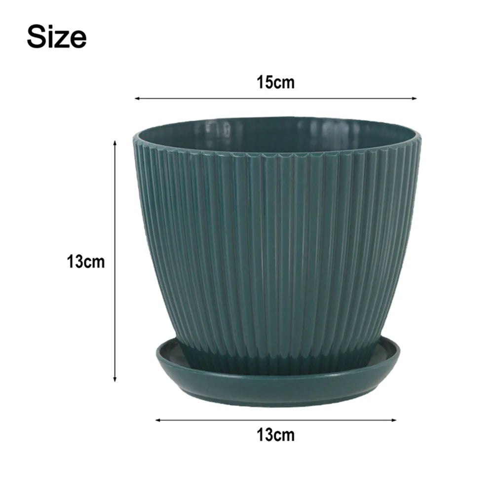 5 Pcs Modern Resin Planters 6 Inch Drainage Hole Flower Pots With Saucers Vertical Stripe Design For Houseplant Garden