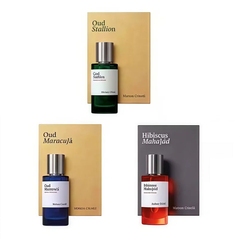 Marton Crinetti unisex EDP set: Oud Stallion, Oud Maracuja, Hibiscus Mahajad luxury 100ml spray bottles.