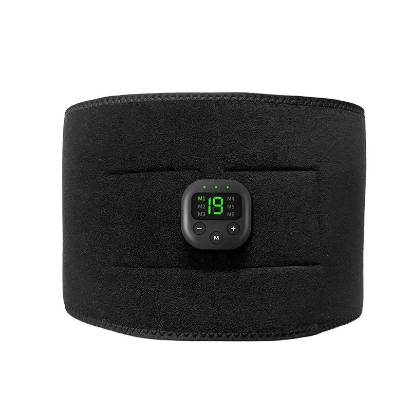 Black abdominal muscle training belt with a central digital controller showing intensity settings and mode controls.