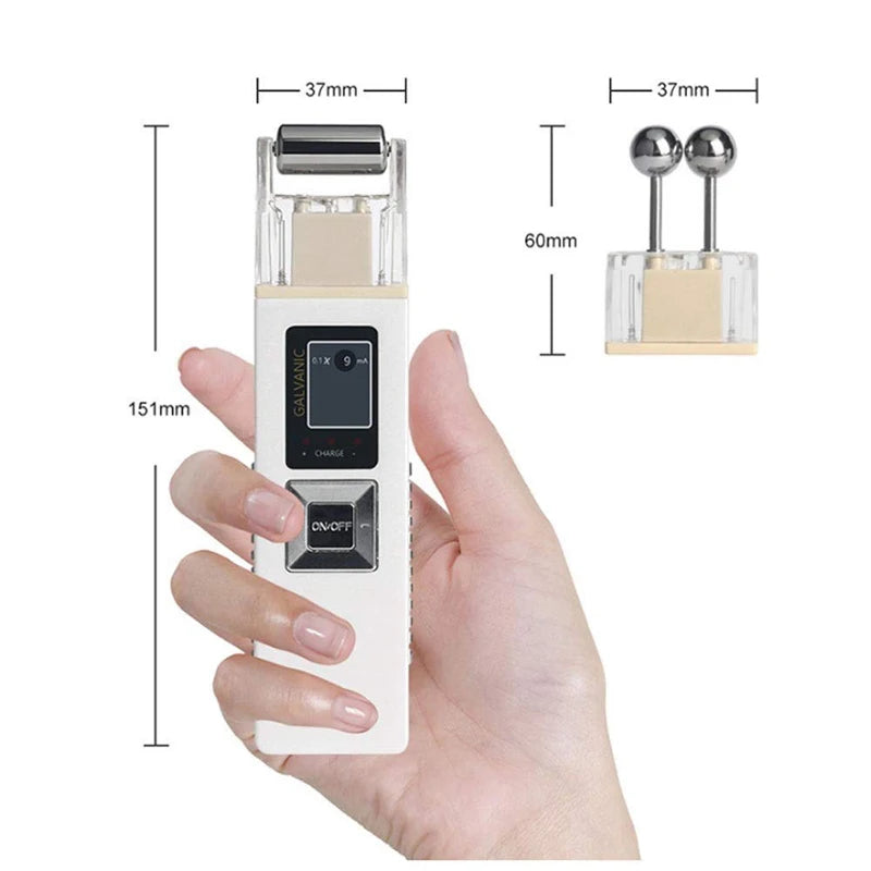 White galvanic facial lifting device with interchangeable silver roller heads and digital display, held in a hand.