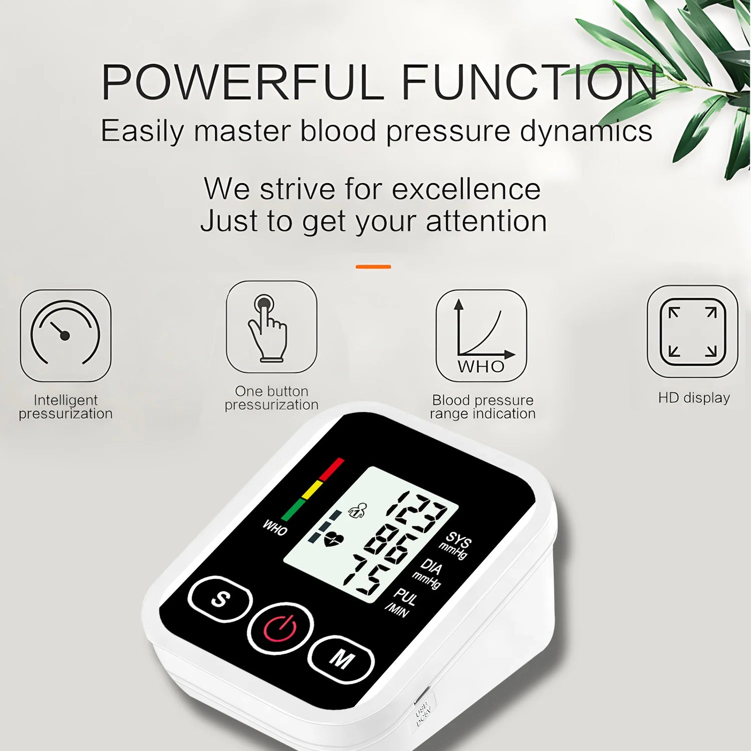 Upper Arm Blood Pressure Monitor Heart Rate Health Blood Pressure Detector Arm Cuff Digital BP Meter Pluse Automatic Tensiometer