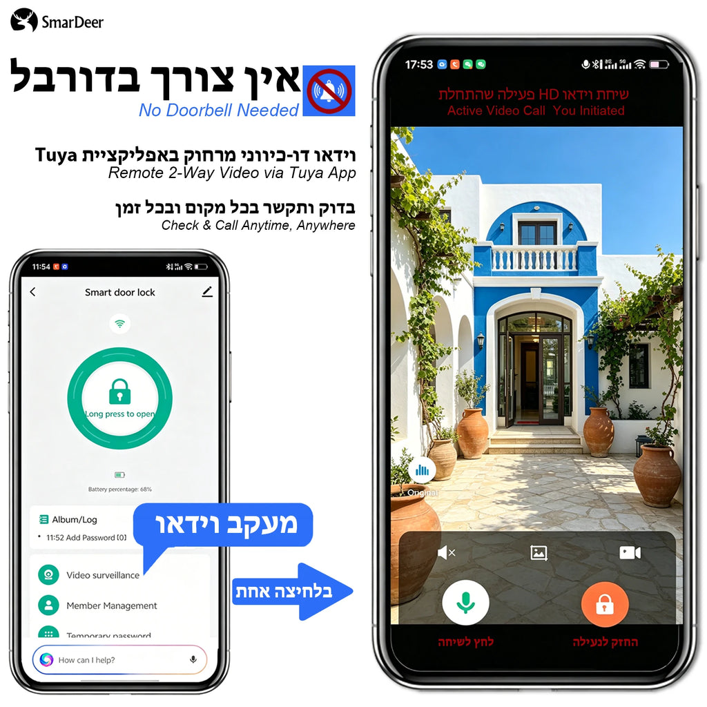 SmarDeer Israel 6590 Mortise Smart Lock for Tuya,IP66 Waterproof 3D Face & Palm Vein Recognition Lock with Hebrew,Tuya Wifi Lock