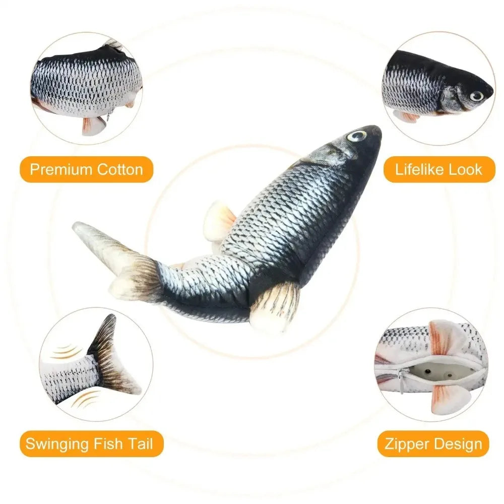 Electric simulation fish toy for cats and dogs, soft plush cotton, USB charging, interactive tail-swinging pet chew toy.