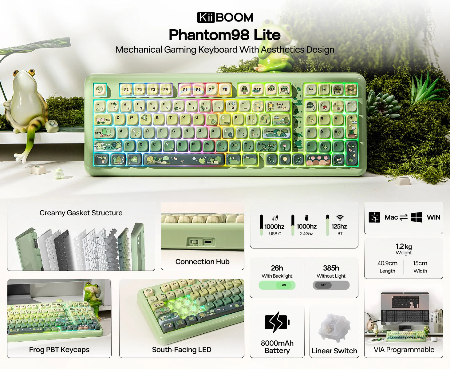 KiiBOOM Phantom98 Lite 96% ANSI US Layout VIA Programmable Gasket Wired/BT/2.4GHz Wireless Mechanical Gaming Keyboard 8000mAh