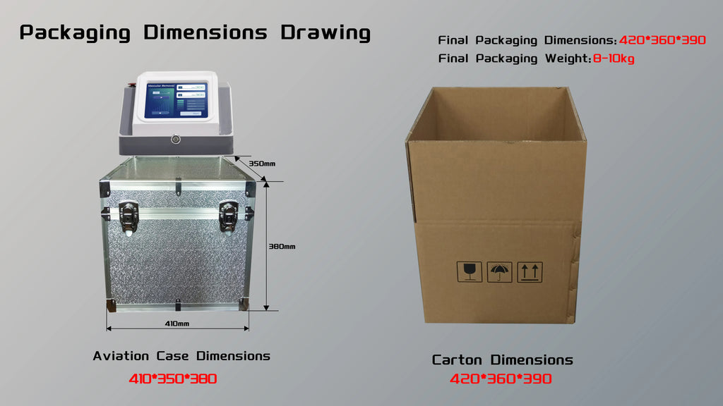 980nm diode laser spider vein removal device in protective aviation case with packaging dimensions.
