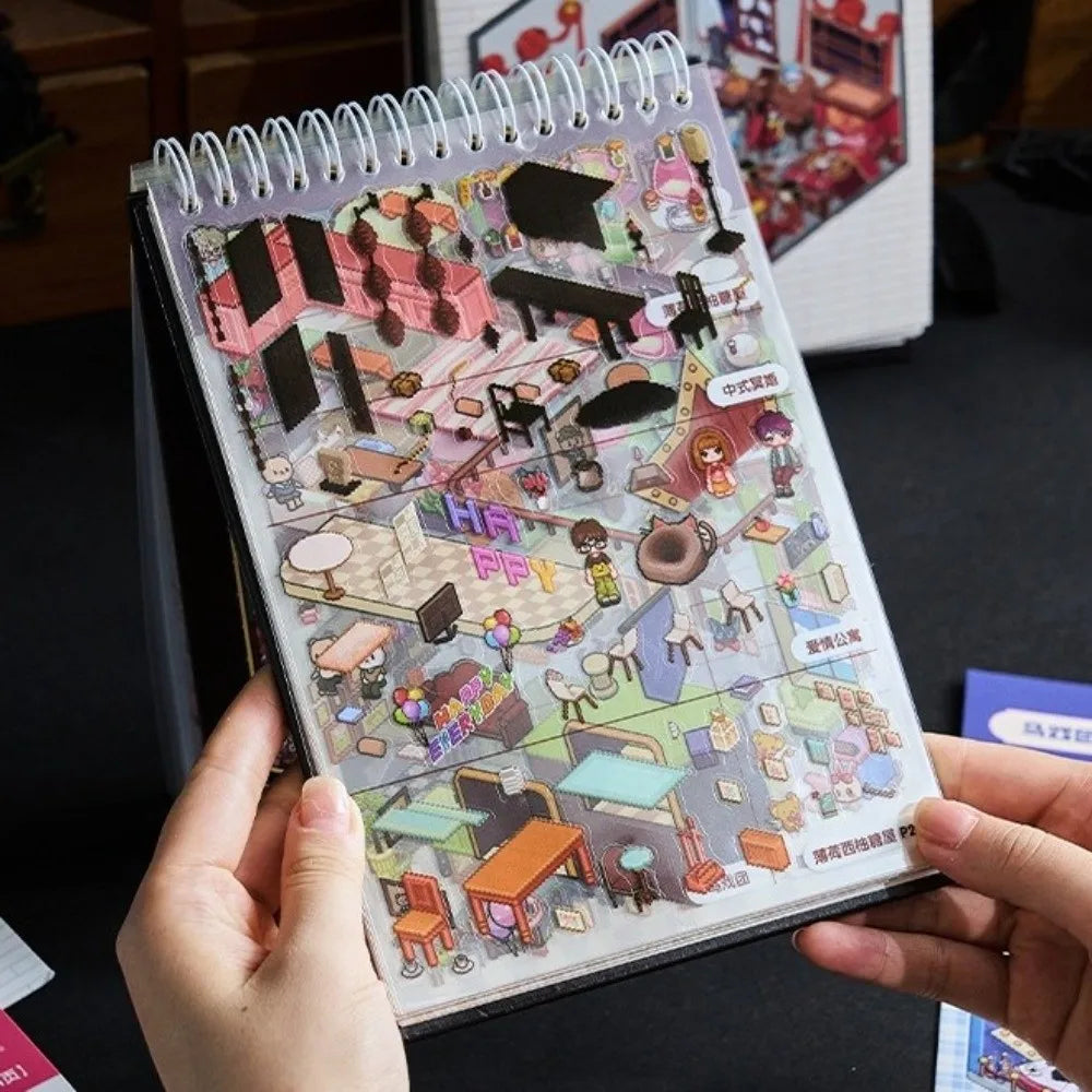 Horror theme PET sticker book with 51 sheets for DIY craft projects, featuring cartoon town scenes for creative layering.