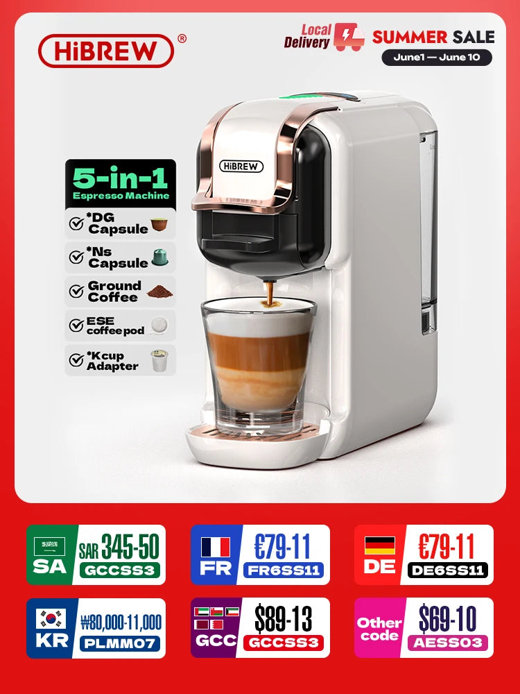 HiBREW 5-in-1 white and rose gold compact espresso machine brewing coffee into a glass.