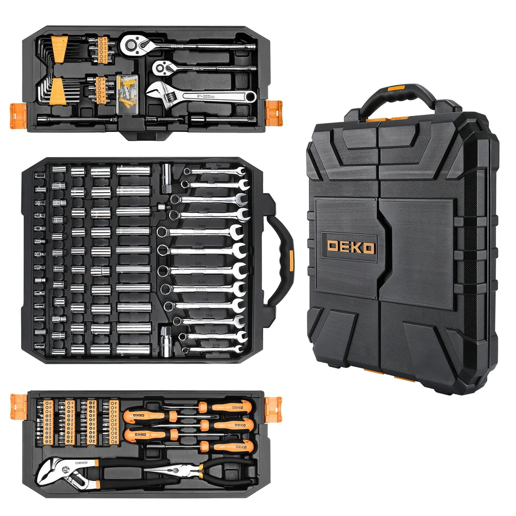 DEKO 192Pcs 198Pcs Professional Car Repair Tool Set Ratchet Spanner Screwdriver Socket Mechanics Tools Kit W/ Blow-Molding Box
