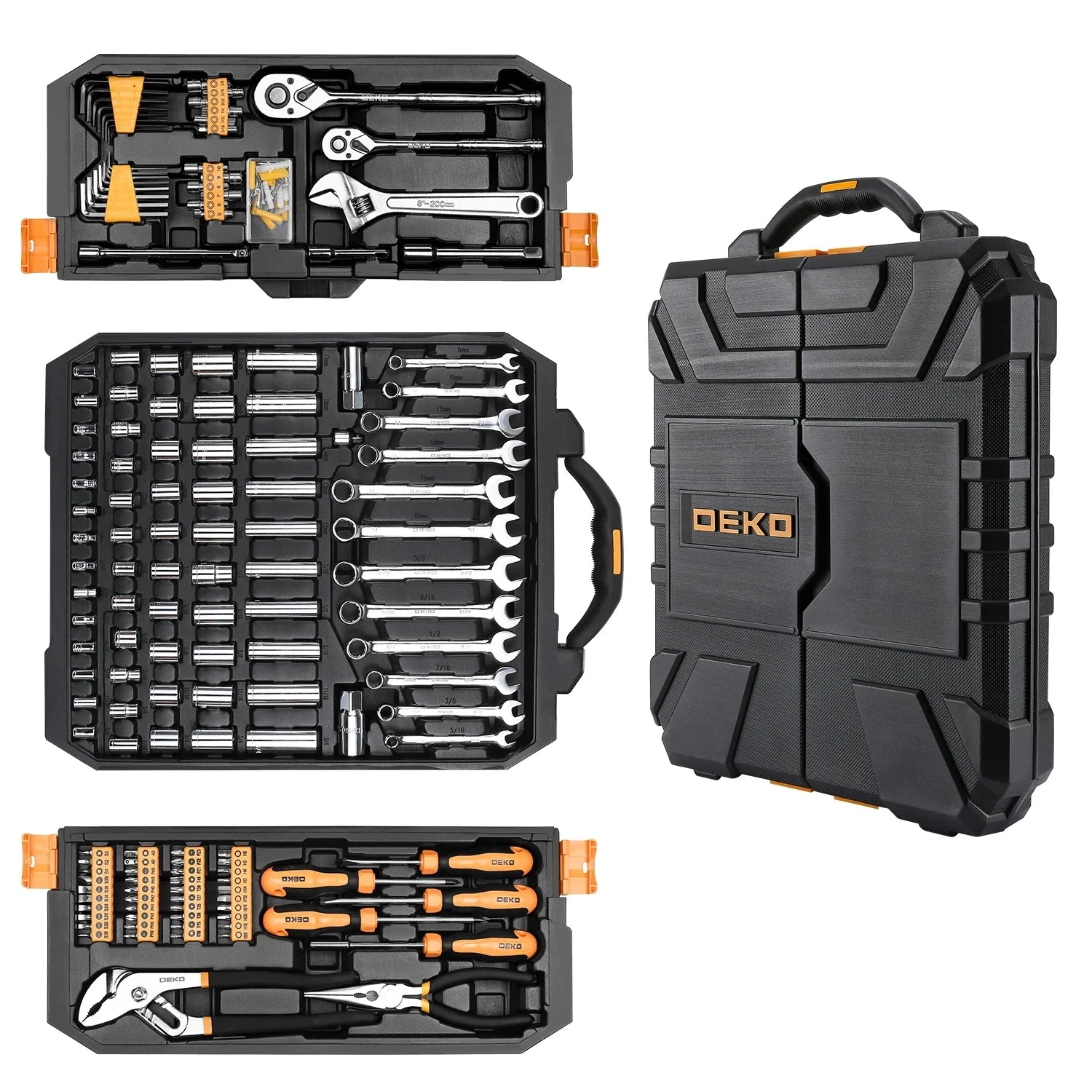 DEKO 192Pcs 198Pcs Professional Car Repair Tool Set Ratchet Spanner Screwdriver Socket Mechanics Tools Kit W/ Blow-Molding Box