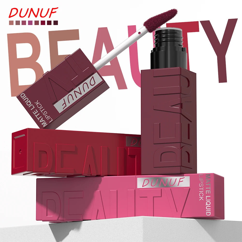 DUNUF 8pc matte liquid lipstick set featuring waterproof, long-lasting pink and deep red shades with applicator wand.