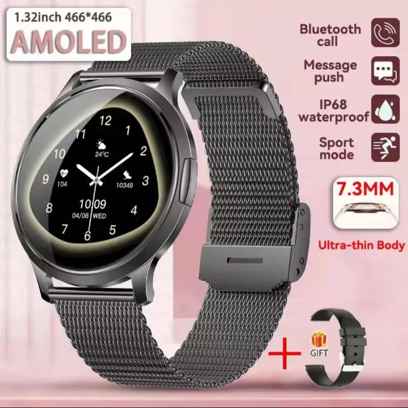 Women’s ultra-thin AMOLED smart watch, black mesh band, round black display