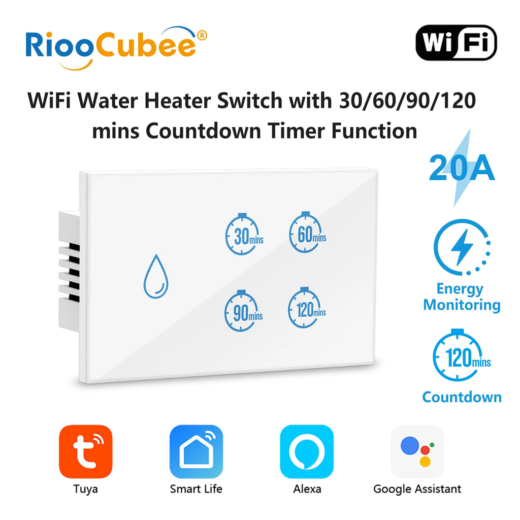 RiooCubee Tuya Smart Life 20A Boiler Water Heater Touch Panel Switch Countdown Remote Control Timer Google Assistant Alexa