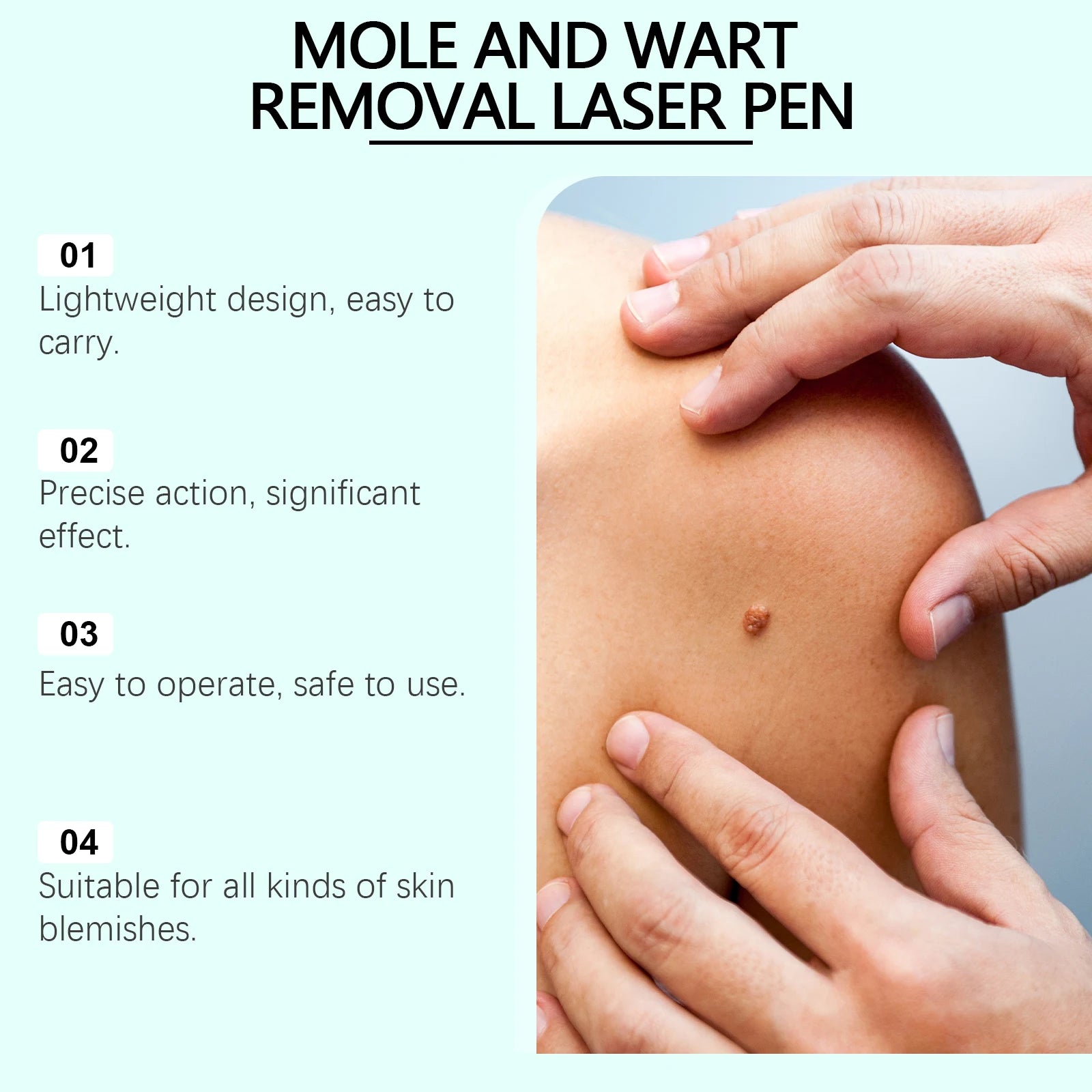 A mole and wart removal laser pen advertisement showing four product features next to a close-up of a skin blemish.