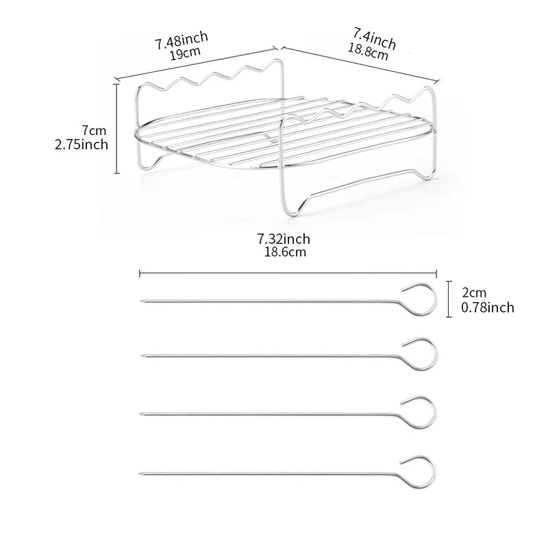 1 PC Air Fryer Rack with 4 Skewers, 1 Set Grill and Steam Rack. Suitable for baking and grilling in small ovens.
