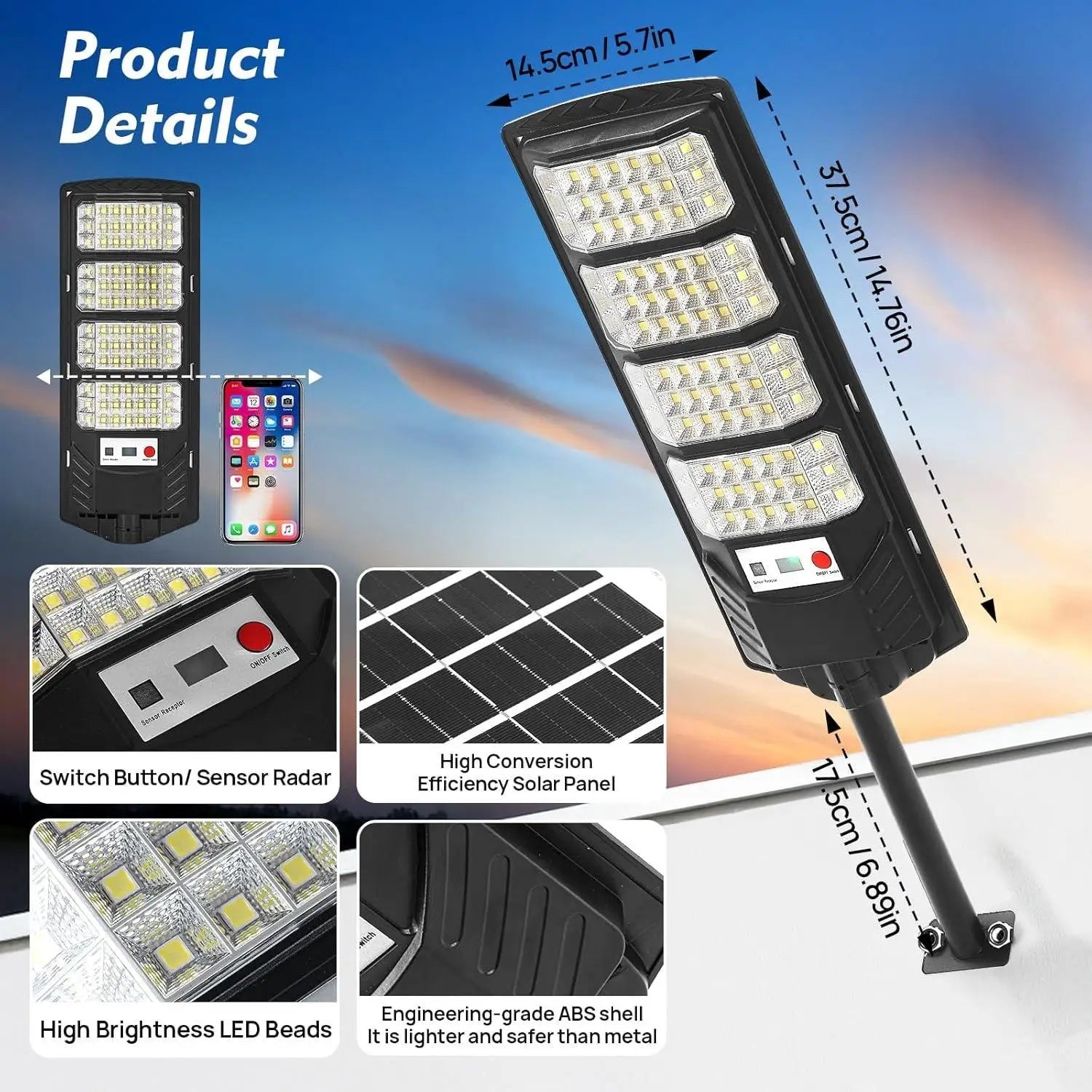 2Pack Commercial Grade Solar Street Light Outdoor Waterproof 7000K LED Motion Sensor Dusk to Dawn for Yard Garage Terrace Garden Parking Lot Driveway Fence Barn IP66 Rated Yard Lighting
