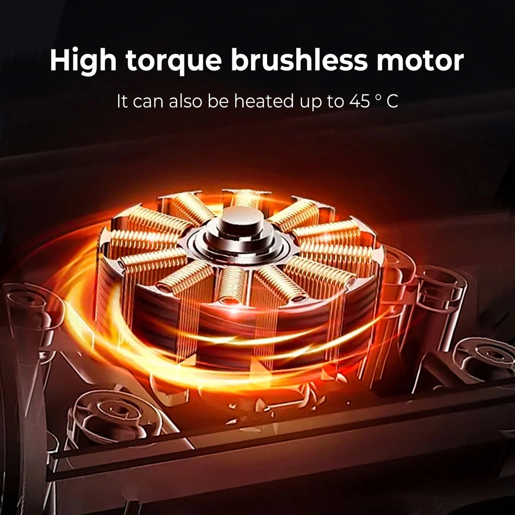 A high-torque, brushless copper-coil motor glowing with warm, orange light, implying heat and mechanical power.