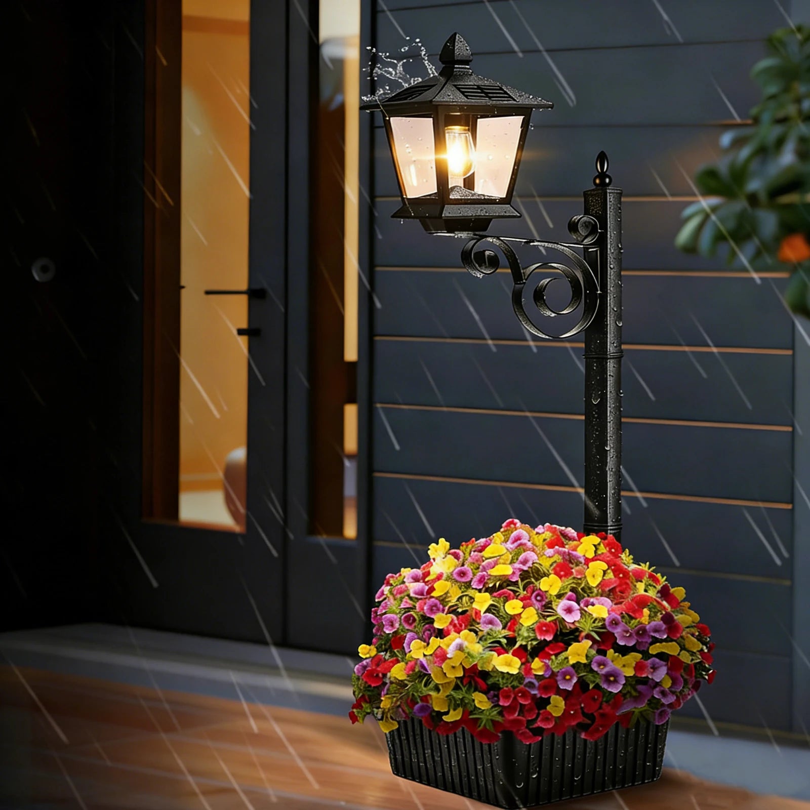 2 In 1 Outdoor Flower Pots Light with Planter Freestanding Planters Lamp Decorative Solar Lamp for Outside/Front Door/Yard/Lawn