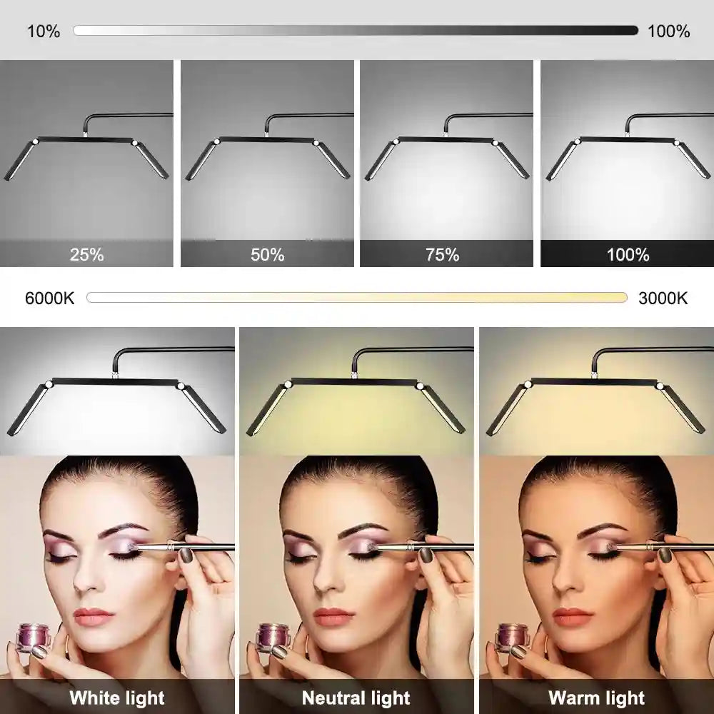 Black LED makeup light with adjustable brightness and color temperature for precise cosmetic application.