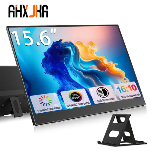 Black 15.6-inch portable monitor with thin bezels, integrated kickstand, and a separate adjustable black plastic stand.