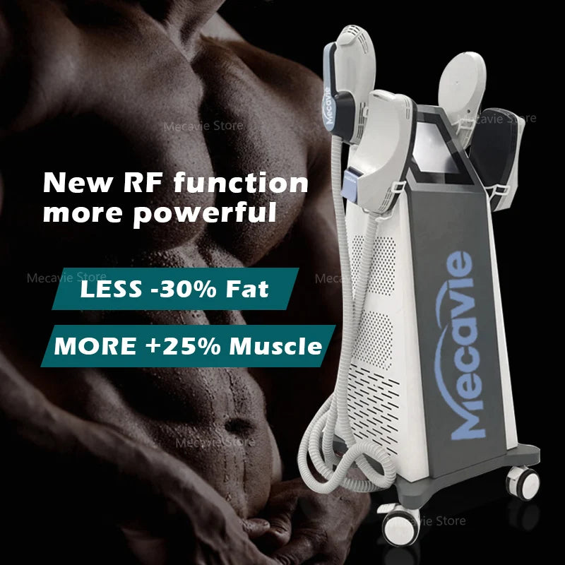 MECAVIE 4-handle EMS RF body shaper machine for muscle building and fat reduction on a black background.