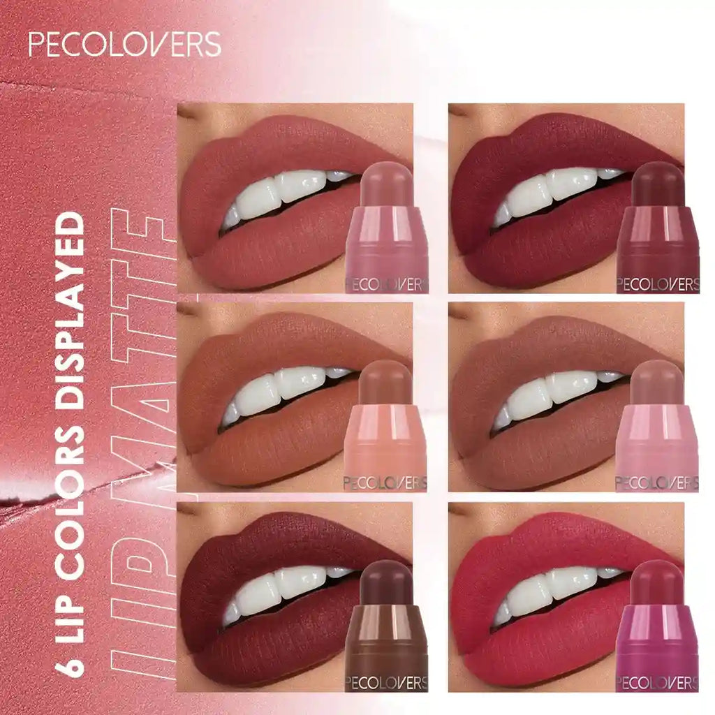 Six shades of velvet matte lipstick in nude, apricot, and berry tones, featuring long-lasting, non-stick lip makeup.