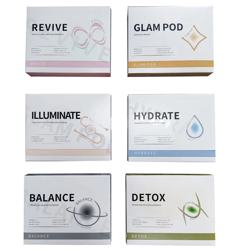 Six rectangular product boxes for facial skincare, each with a white base and unique color-coded accents and logos.