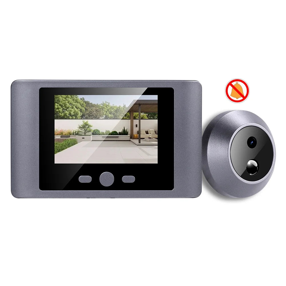 Wireless peephole video doorbell camera with LCD display showing outdoor scene and round unit