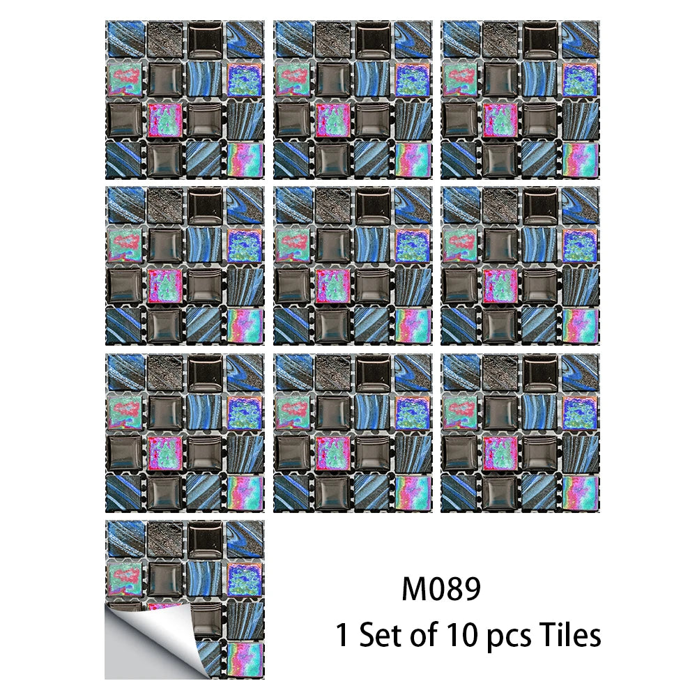 10pcs Flat Mosaic Style Tiles Sticker Kitchen Bathroom Waterproof & Oilproof Art Wall Sticker Peel & Stick Surface Glossy Film