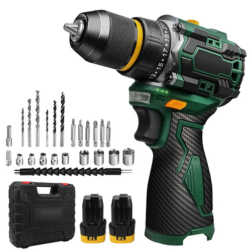 Green cordless impact drill with silver chuck, black handle grip, and accessory bits set