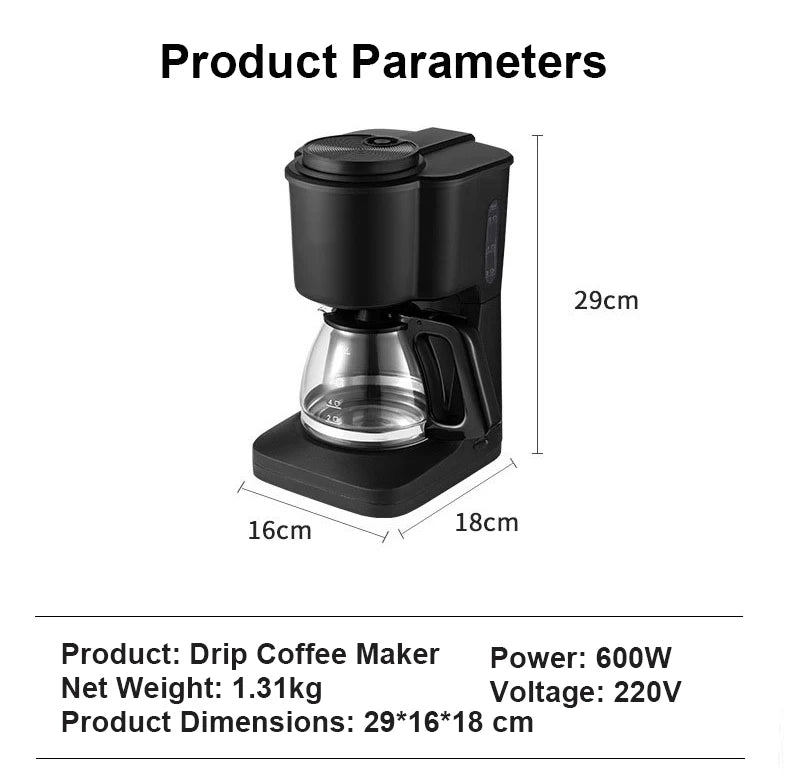 Compact black 600W drip coffee maker with glass carafe and dimensions diagram, 29x16x18cm size.