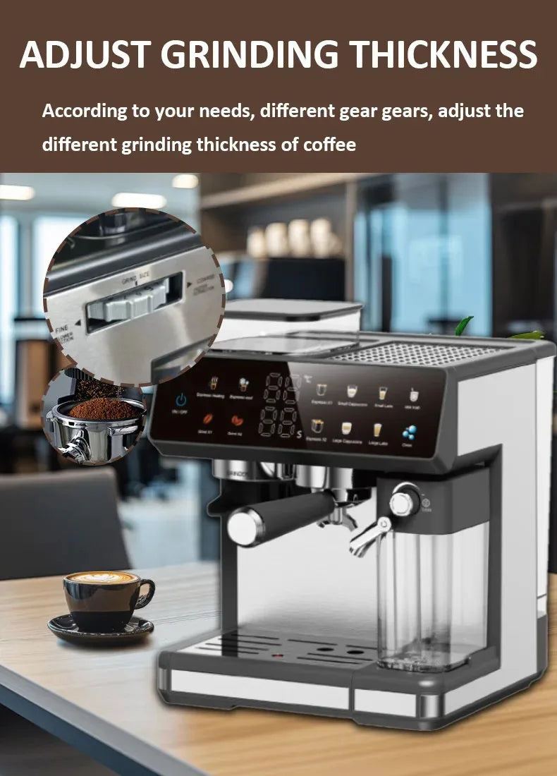 Stainless steel automatic espresso machine with built-in grinder, digital touchscreen, and integrated milk frother.