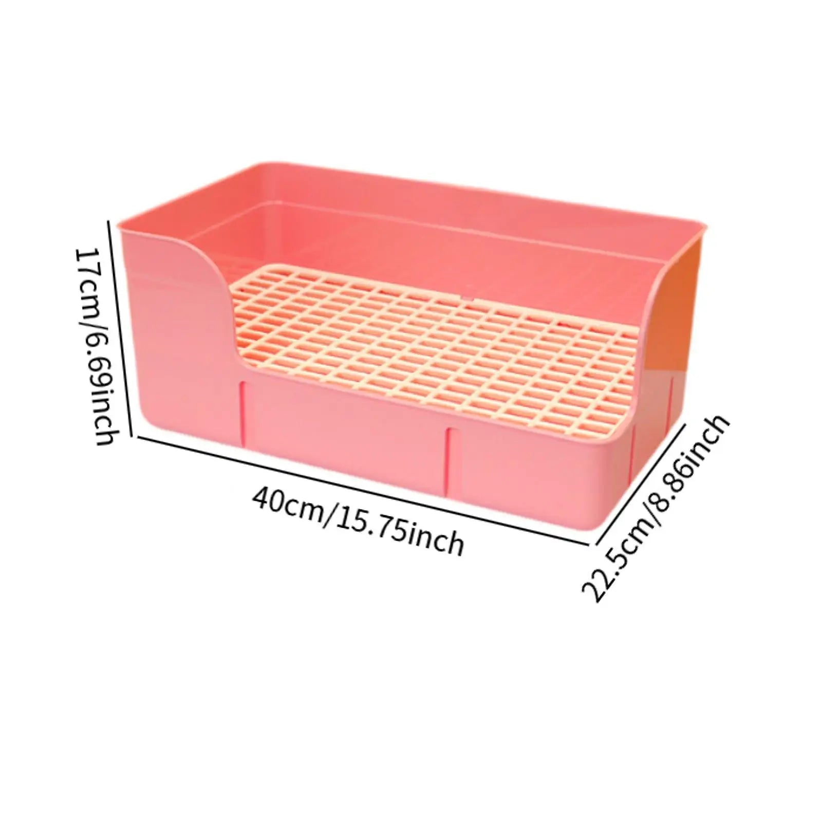 Pink plastic rabbit litter box with grid tray for small pets like hamsters and ferrets. Easy-clean cage toilet, 40cm.