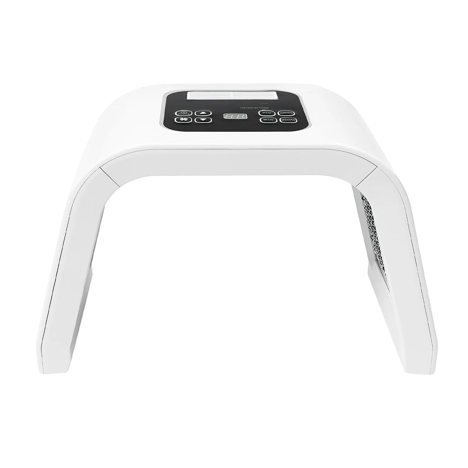 White arch-shaped LED light therapy device for facial skincare with a top control panel and digital timer display.