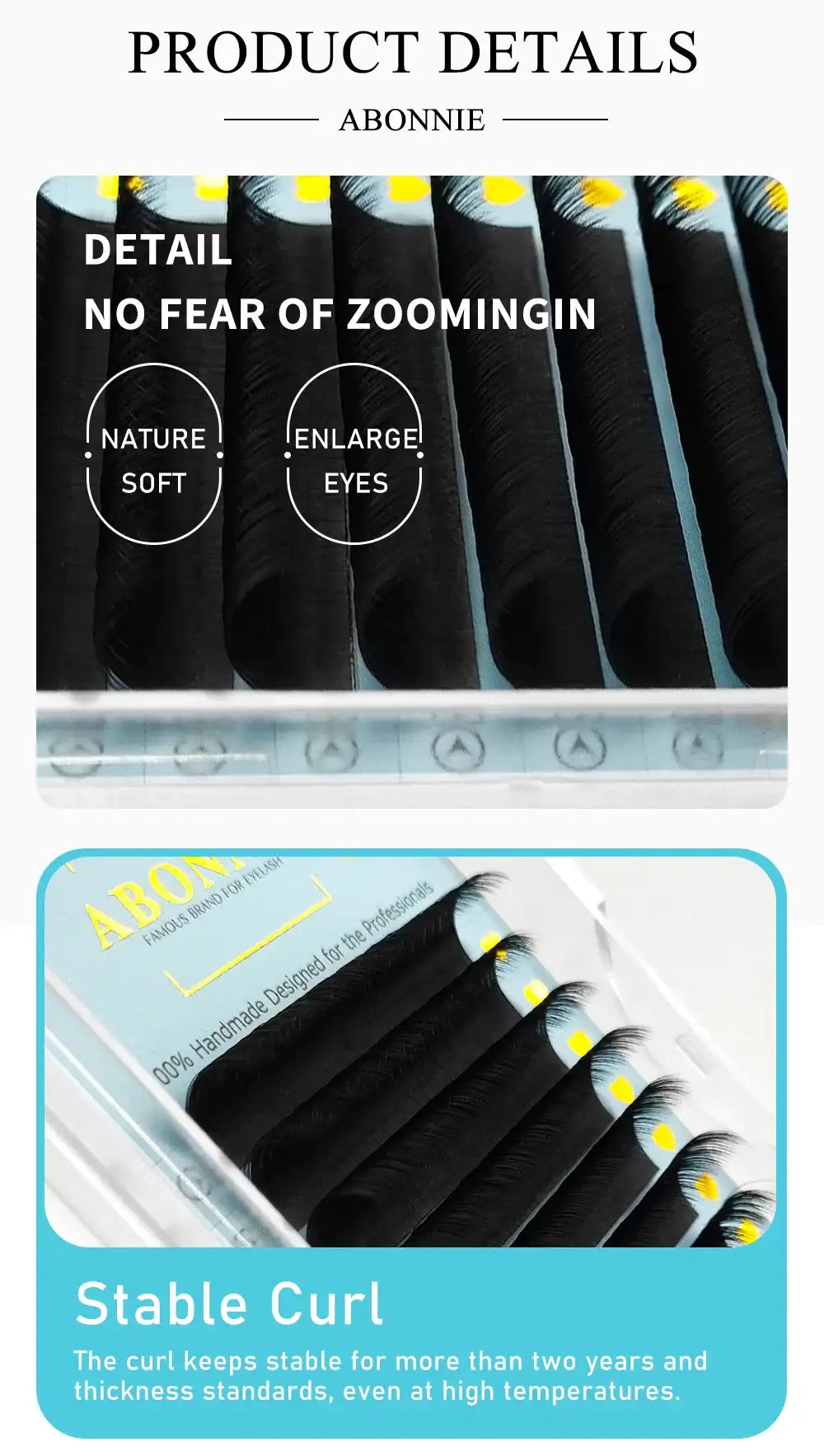 Abonnie ultra-matte black individual cashmere eyelash extensions arranged in a professional display tray.