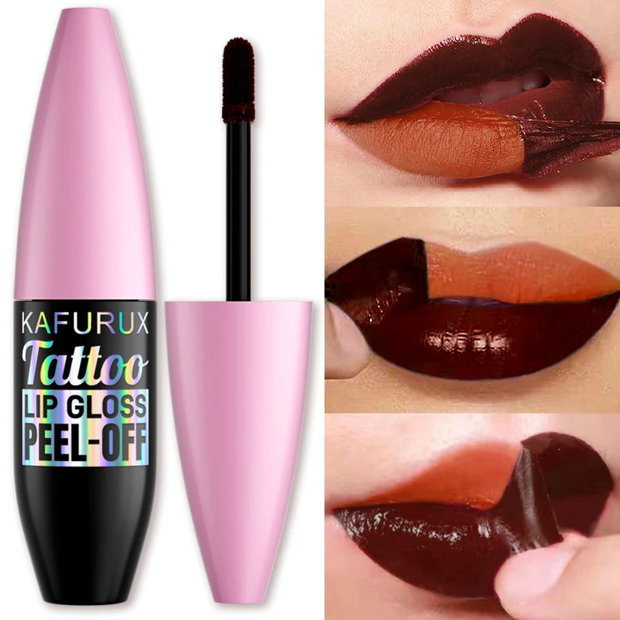 Kafurux tattoo peel-off lip gloss in dark red with applicator, showing glossy finish and tinted skin texture.