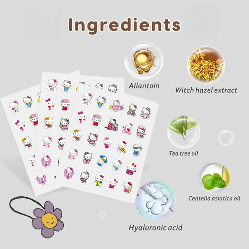 Hello Kitty pimple patch sticker sheets shown with ingredient icons and small jars