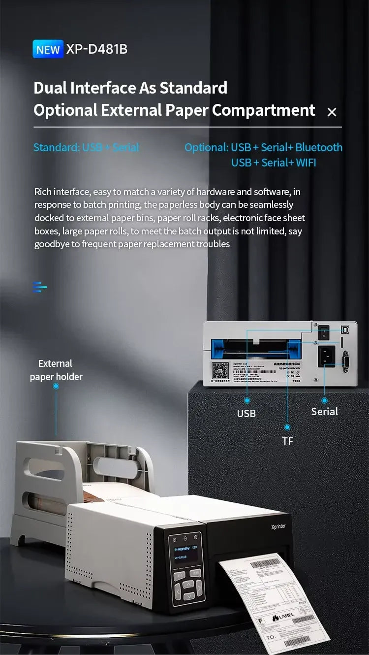 Industrial label barcode thermal printer with front controls and visible label feed area