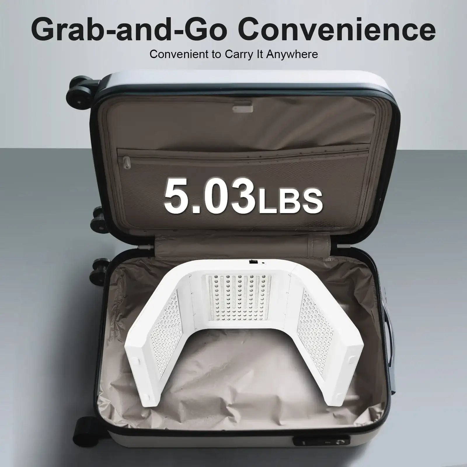 White arched LED facial therapy device packed inside an open suitcase, weighing 5.03 lbs for easy travel.