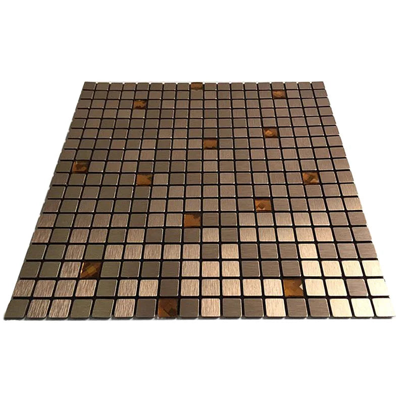 Self-adhesive mosaic wall tile sheet, dark brown tiles with bronze and warm amber highlights