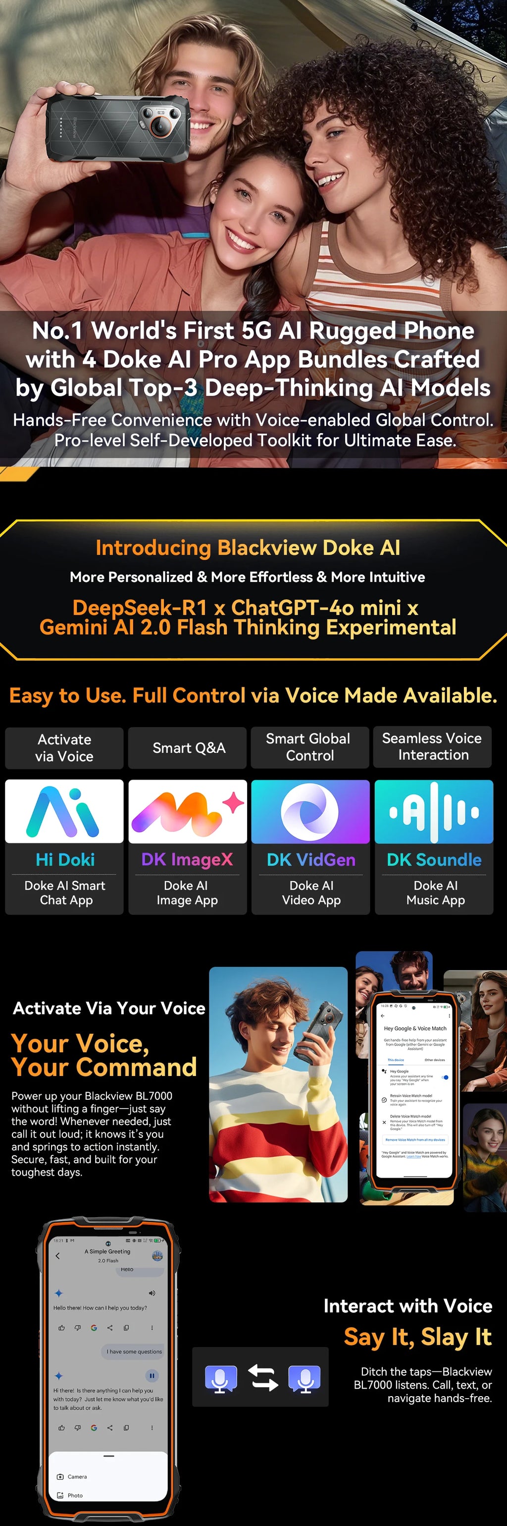 BLACKVIEW BL7000 5G AI Rugged Phone Deepseek GPT Android 15 Smartphone, 6.78" HD+2.4K Display 120Hz, 8GB RAM 256GB, 7500Amh